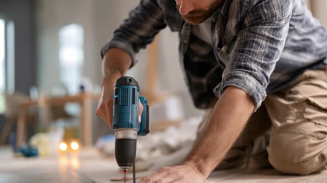 Employee works on laminate panel installation using a multitool to create an accurate hole for the order in a well-lit interior space