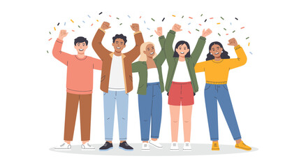 Fototapeta premium Five joyful people raising arms in celebration with colorful confetti falling, symbolizing unity, happiness, teamwork, achievement, and festive success in modern vector illustration 