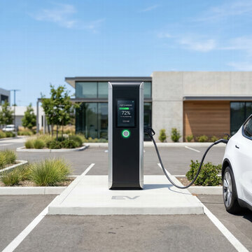 Public Electric Vehicle Fast Charging Station In Parking Lot Near Modern Office Building Supporting Clean Energy Transportation