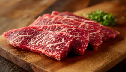 Fototapeta premium marbled beef sliced ​​on a cutting board.