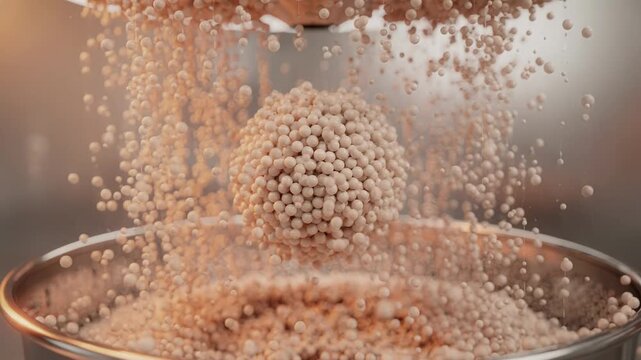 Medium shot focusing on microgranule pigment formation through precise atomization in a controlled hotair environment emphasizing detailed particle size and smooth surface texture.