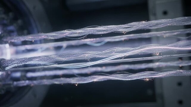 Medium shot capturing argon plasma interaction with fiber surfaces refining texture and facilitating better coating uniformity without chemical residues.