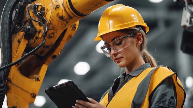 Female automation machine engineer student examines robotic arm in industrial setting during her practical training session at a modern manufacturing facility