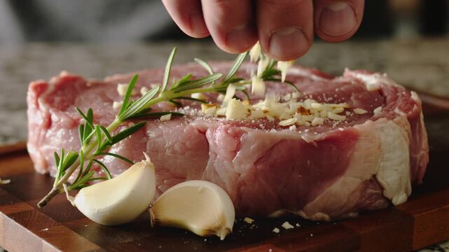 Raw meat with herbs and garlic on cutting board being seasoned