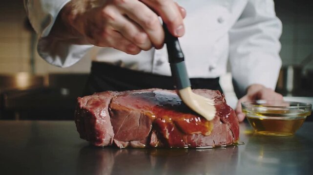 Chef applying glaze to raw steak in kitchen