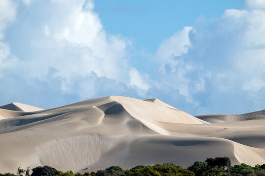 Large coastal sand dunes rise above scrubland under a dramatic blue sky with billowing clouds