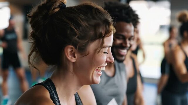 Friends share laughter and tips while enjoying a sunny Pilates class together, celebrating fitness and support in a bright studio atmosphere