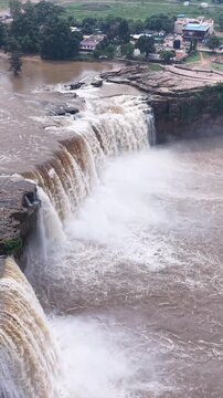 Vertical Aerial View of Chitrakote Waterfalls During Monsoon Bastar Chhattisgarh India