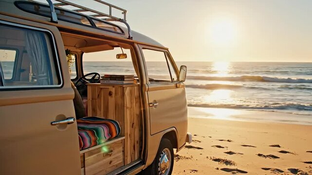Vintage camper van parked on a sandy beach at sunset. Camera slowly circling the open sliding door to reveal a custom wooden interior. Vanlife and coastal road trip adventure concept