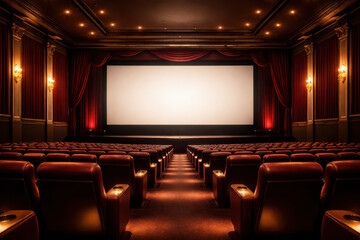 Fototapeta premium Interior of an upscale movie theater with red velvet seating and a large screen.