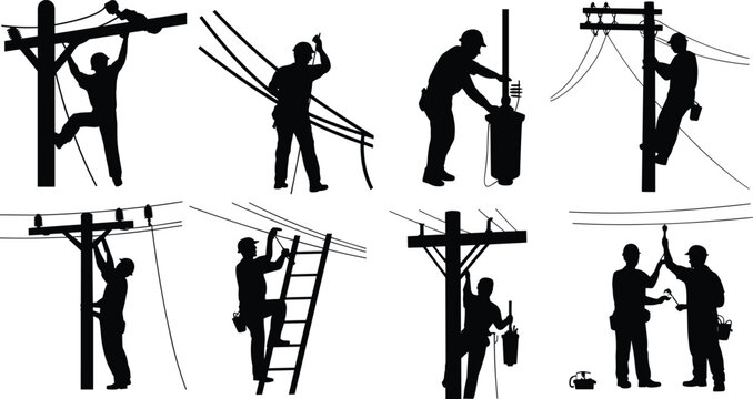 Electric line workers repairing power lines on utility poles electrician technician silhouette vector illustration set