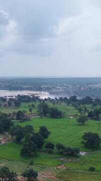 Vertical Aerial View of Chitrakote Waterfalls During Monsoon Bastar Chhattisgarh India
