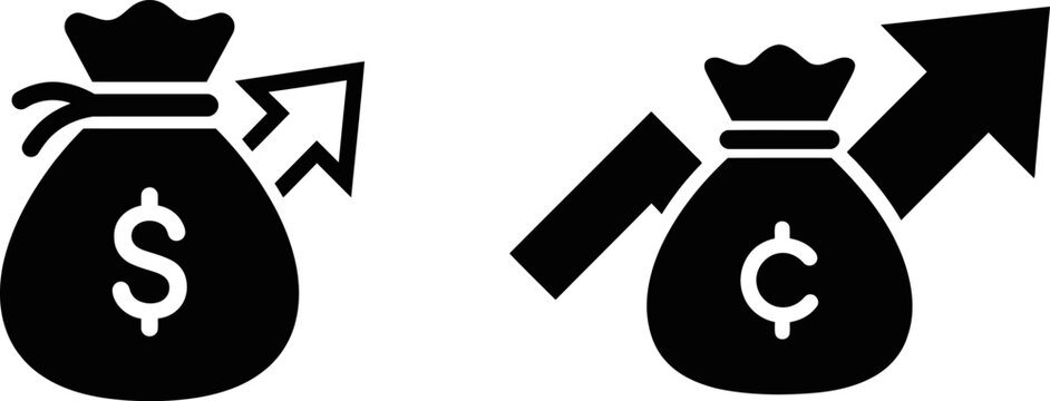 Black and white vector icons representing financial growth with dollar and cent currency symbols