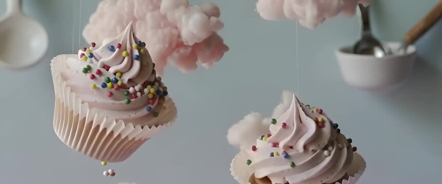 Sweet Dreams And Imagination Concept Cupcakes Floating Among Clouds Whimsical Food Fantasy World Childhood.