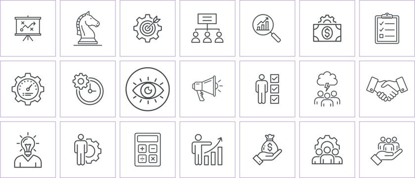 Business strategy and management icons set for presentations and marketing materials