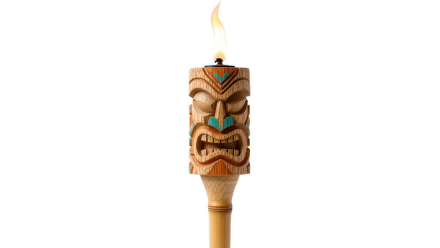 Isolated decorative wooden tiki torch with a unique carved face design and a fiery flame