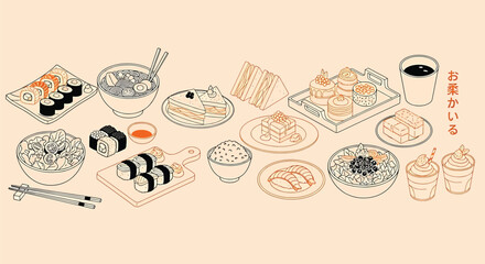 A variety of sushi and japanese food items on plates and in bowls on a table with utensils and drinks vector illustration © Hikari Vector Studio