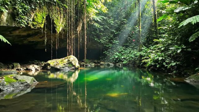 Veridian jungle pools gather in quiet alcoves with sunlight rays reflecting