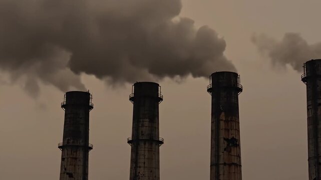 Industrial chimneys releasing thick smog into an obscured, overcast sky