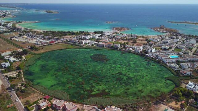 Aerial view of Bacino di Torre Chianca and Idume River, Puglia, Italy.