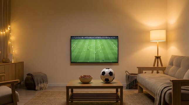 Living room with television showing soccer match, football and snacks on table. Football watch party concept for sports broadcast and fan entertainment.