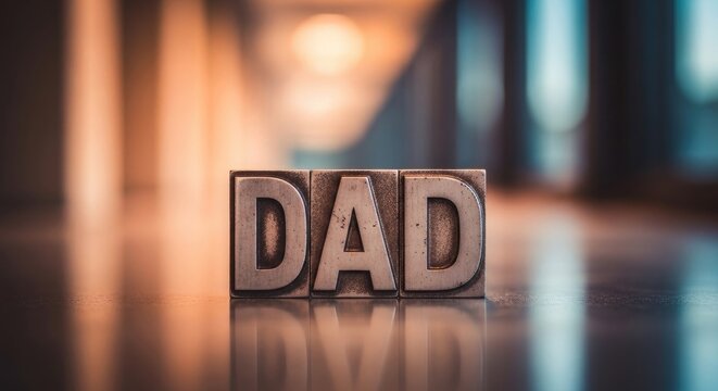 A wooden block with the word dad on a reflective surface