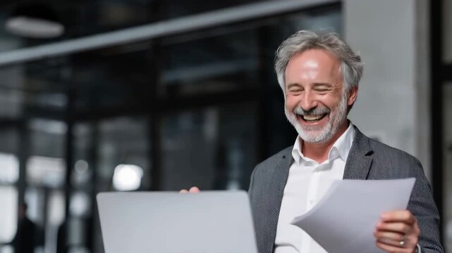 Mature business executive celebrating success while working at desk with laptop in modern office environment