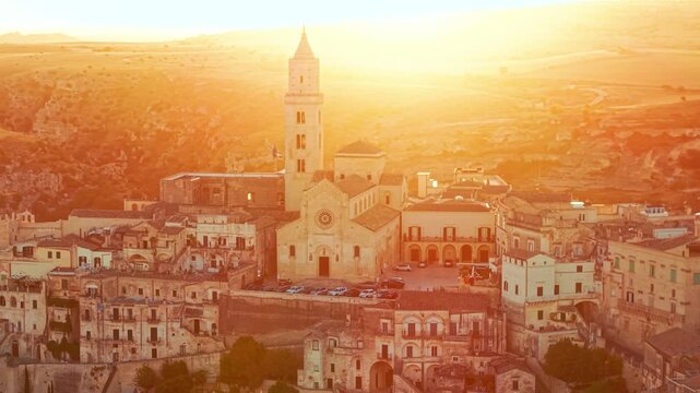 Aerial sunrise view over the ancient city of Matera, Basilicata, Italy