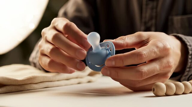 Hands hold blue pacifier near wooden beads. Father checks baby dummy carefully. Hand holding silicone pacifier close up. Infant care concept with baby dummy. Parent hands inspect new soothing item.