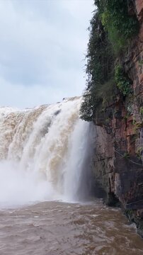 Vertical Aerial View of Chitrakote Waterfalls During Monsoon Bastar Chhattisgarh India
