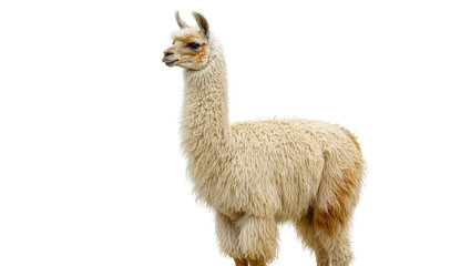 Fototapeta premium Isolated fluffy cream and brown adult llama with long neck standing in profile looking left