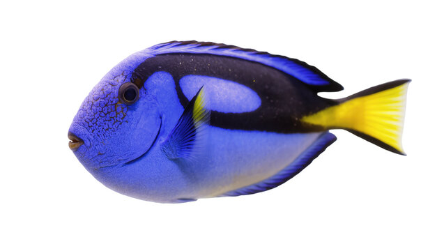 Isolated vibrant blue tang fish, popular tropical marine animal with distinctive black and yellow markings