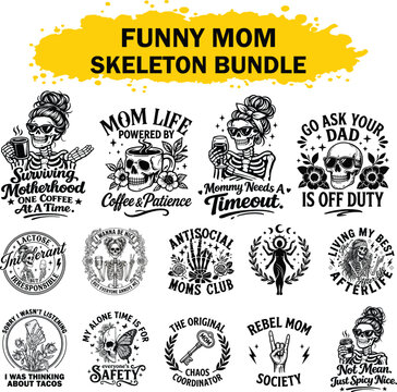 Vintage Gothic Skeleton Mom Illustration Funny Motherhood Skull Badge Vector Bundle