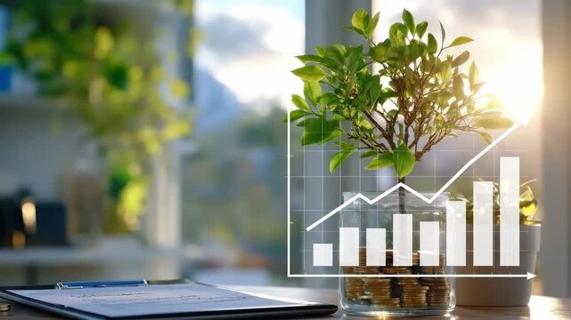 Green plant, growing in gold coins, representing smart financial investment, increasing business wealth, future economic prosperity, long term sustainable development