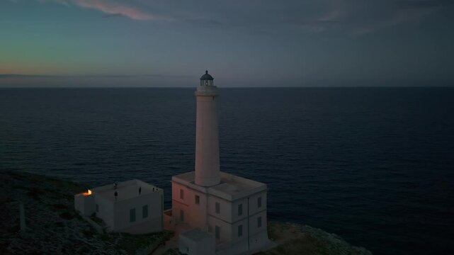 Aerial twilight view of Faro di Punta Palascia in Puglia, Italy