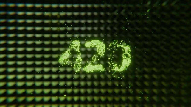 horizontal 3d render of glowing green neon particles forming number 420 over dark spiked grid surface, featuring motion blur and cinematic depth of field.