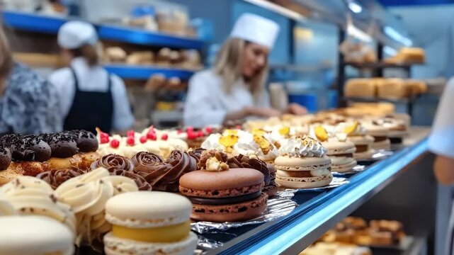 Gourmet pastries, colorful macarons, and indulgent sweet treats, elegantly arranged in a professional bakery display, showcasing a tempting selection of freshly baked confectionery