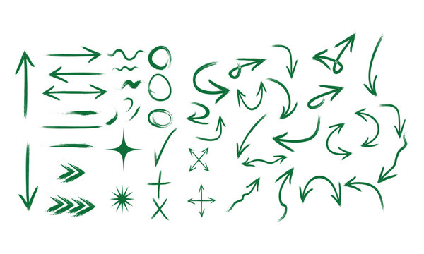 Hand Drawn Doodle Arrow and Symbol Elements with Brush Grunge Lines, Green Circle Highlight Marks and Curved Direction Arrows for Infographic, Presentation, Annotation and UI Design.