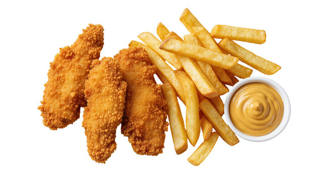Isolated crispy fried chicken tenders and golden french fries with dipping sauce.