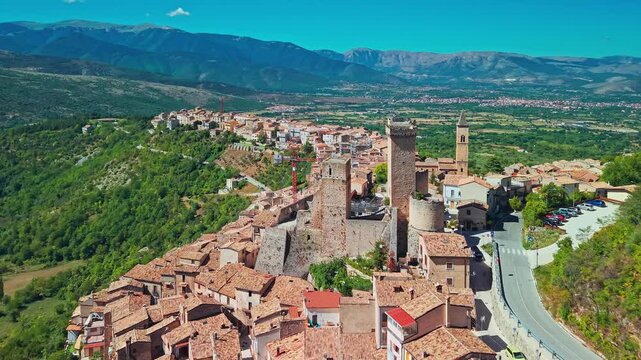 Aerial view of Pacentro medieval village and Caldora Castle in Abruzzo