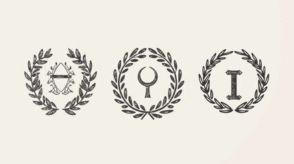 Fototapeta premium Three leaf wreaths with different symbols in the center, on a beige background