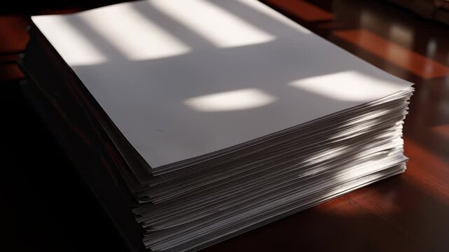 Stack Of Blank Paper Under Dramatic Sunlight And Shadows