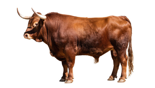 Isolated powerful brown bull with prominent horns, a majestic and strong farm animal