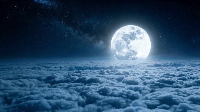 Giant full moon glowing over a thick sea of rolling clouds. Starry night sky in a dreamlike atmospheric celestial landscape. Cinematic space exploration and astronomy background loop