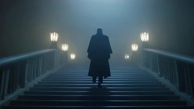 Mysterious cloaked figure walking up a grand staircase in thick fog. Ominous dark silhouette ascending illuminated stairs in a creepy atmosphere. Cinematic horror and thriller concept