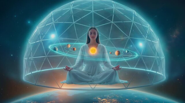 Woman meditating inside a glowing energy dome floating above planet Earth. Spiritual aura with a solar system orbiting her heart in outer space. Cosmic connection and mindfulness concept