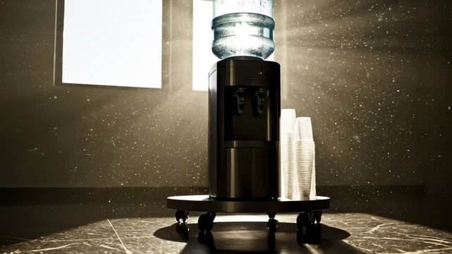 Modern Water Cooler Dispenser With Stacked Cups In Sunlight Rays