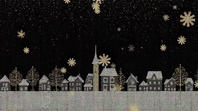 黒&times;金のナイトトーンで雪と家並みを配したニット質感の冬背景、人物なし
