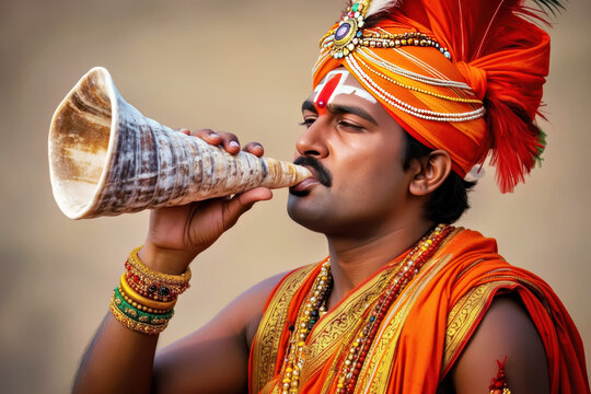 Traditional Indian Man in Ceremonial Attire Blowing a Sacred Con