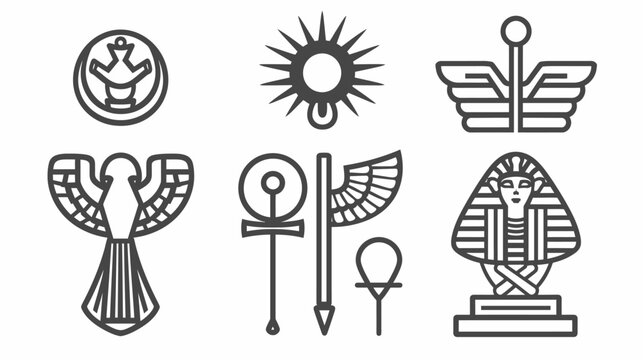 Six ancient Egyptian symbols in thick, dark gray lines against a white background